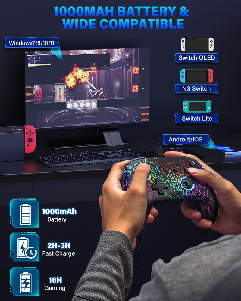 DBEPANK Store Switch Controller, Wireless Pro Controller Compatible with Nitendo Switch/Switch 2/Switch Lite/Switch OLED, Switch Controller Pro, Rechargeable Switch Remote Gamepad with 6-Axis Gyro,10 LED Light - Image 5